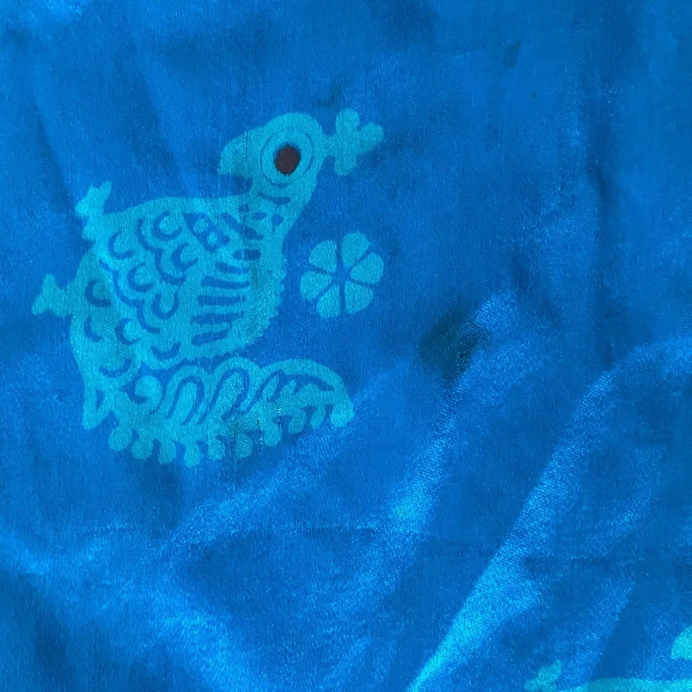 Blue Silk Square Scarf Bird Floral Pattern Turquoise Satin Finish 28x28
